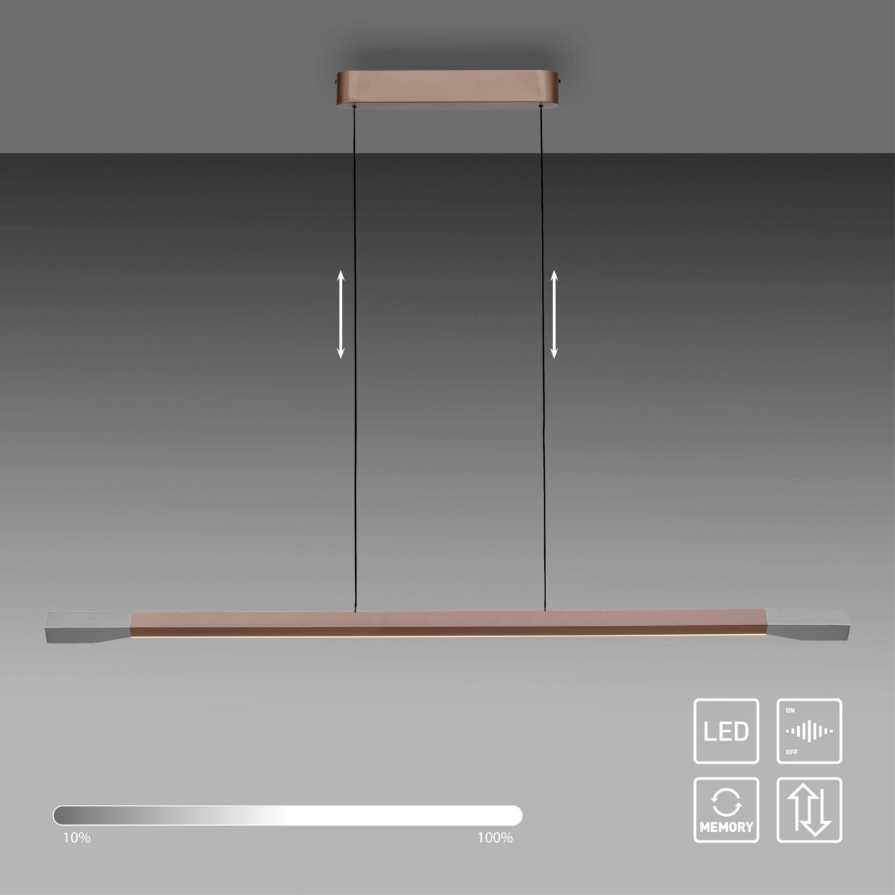 Moderne LED-Pendelleuchte in minimalistischem Design, seitliche Ansicht, mit Dimmfunktion und Höhenverstellbarkeit.
