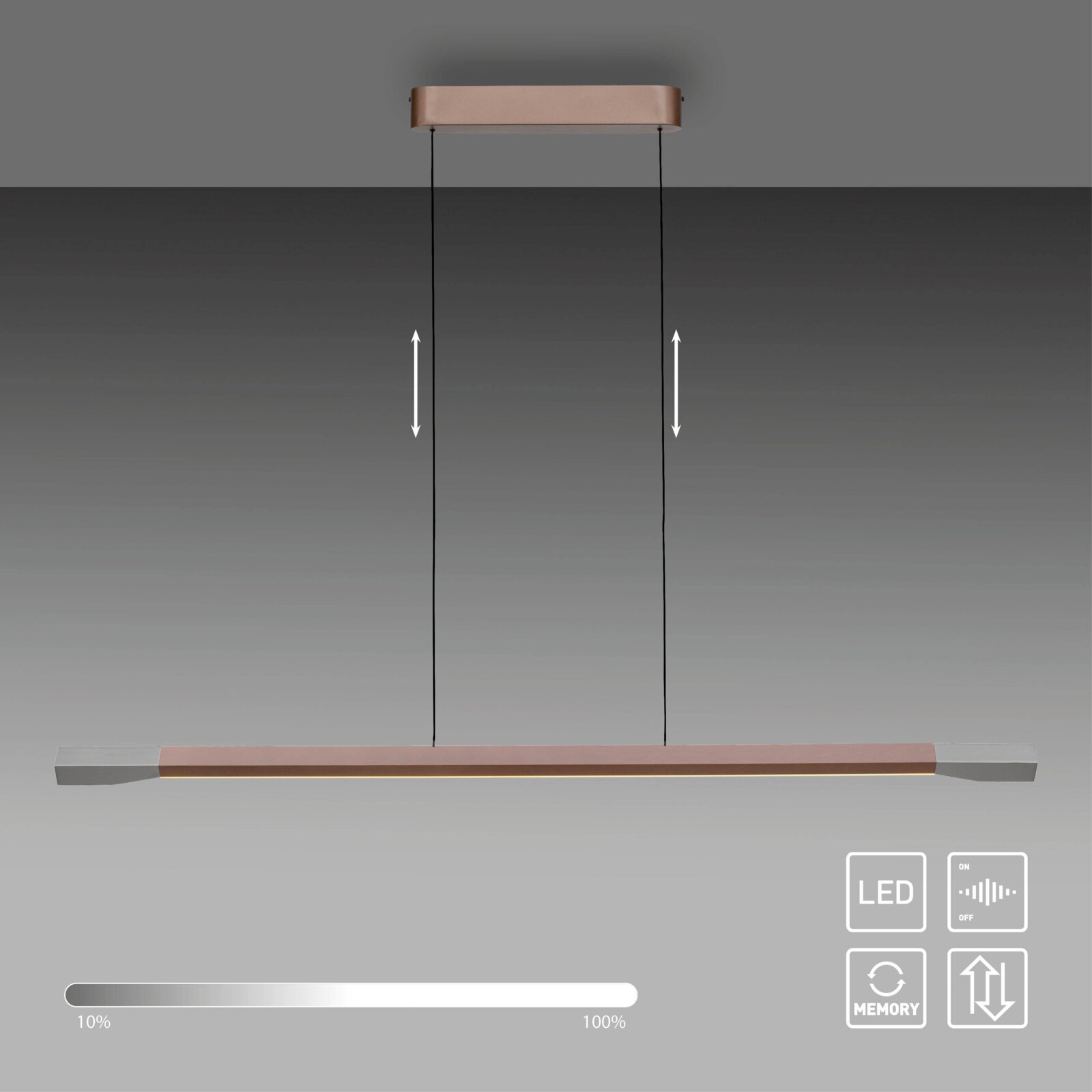 Moderne LED-Pendelleuchte in minimalistischem Design, seitliche Ansicht, mit Dimmfunktion und Höhenverstellbarkeit.