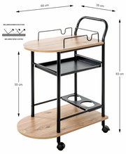 Küchenwagen auf Rollen mit zwei Holzablagen und einem Metallgitter, seitliche Perspektive