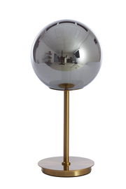 Tischleuchte MEDINA mit kugelförmigem, verspiegeltem Schirm und goldfarbenem Standfuß, frontal abgebildet.