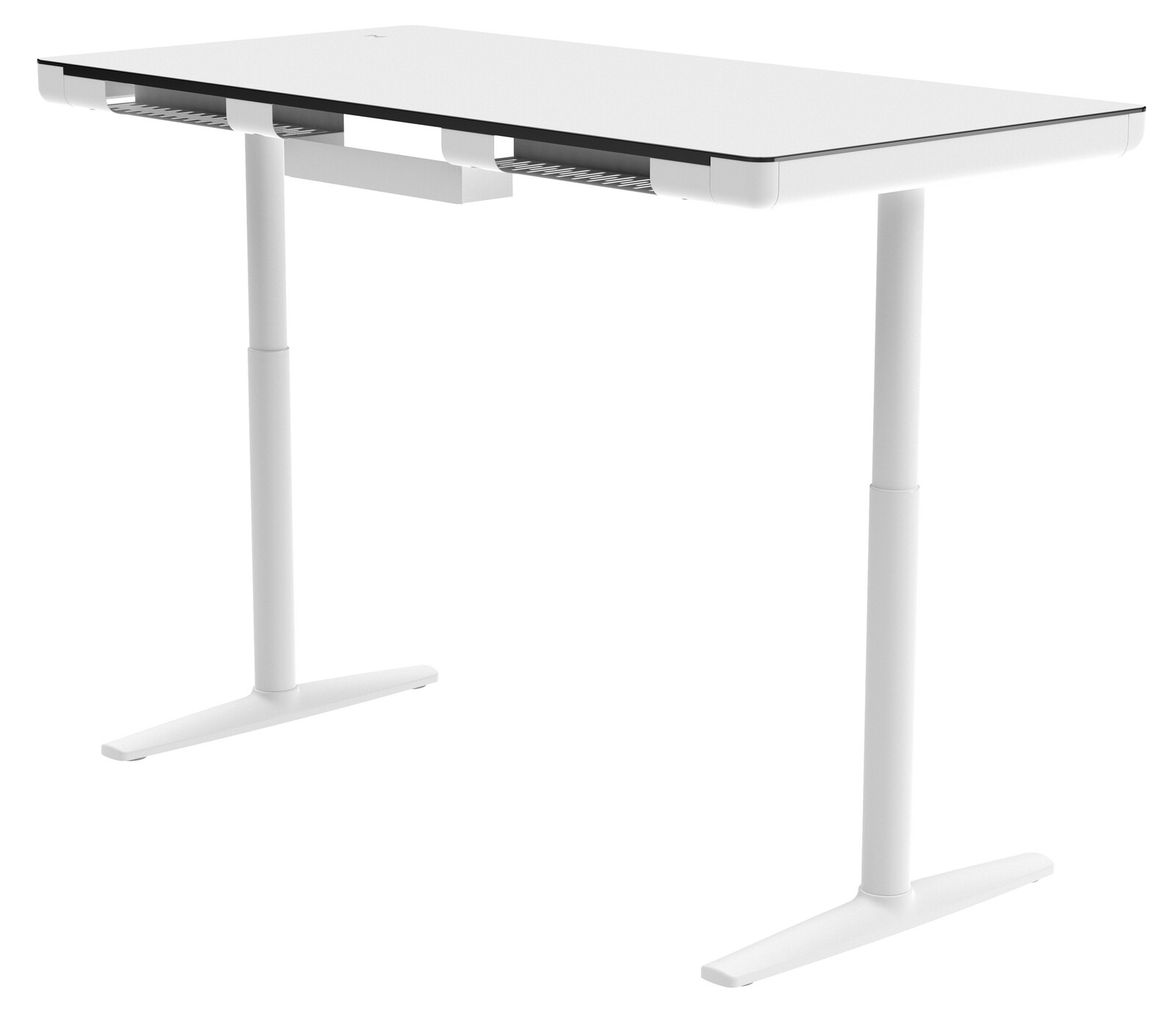 Moderner weißer E-Schreibtisch mit höhenverstellbaren Beinen, seitliche Perspektive