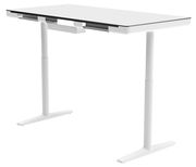Moderner weißer E-Schreibtisch mit höhenverstellbaren Beinen, seitliche Perspektive