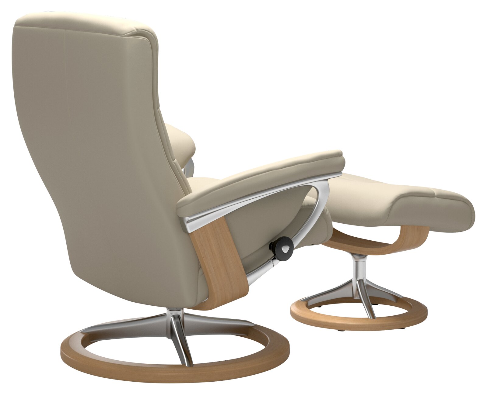 Beiger Einzelsessel mit passendem Hocker, seitliche Perspektive