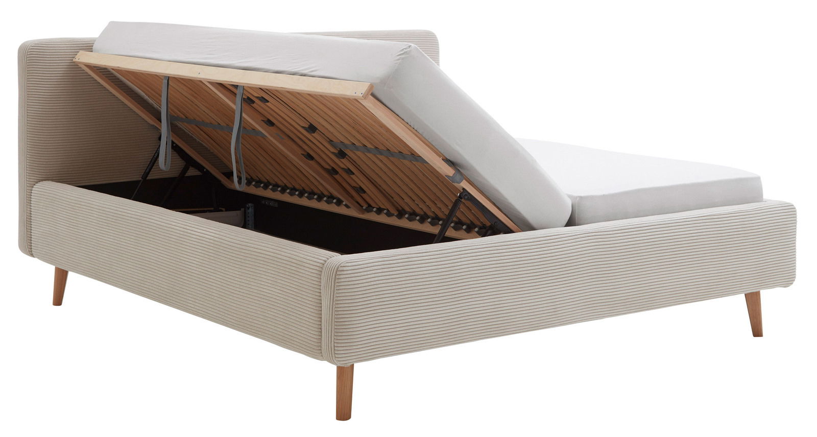 Polsterbett mit hochgeklappter Matratze und Stauraum, seitliche Perspektive
