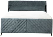 Frontale Ansicht eines modernen Boxspringbetts in Grau mit gestepptem Kopfteil und diagonalen Linien auf dem Bettgestell.