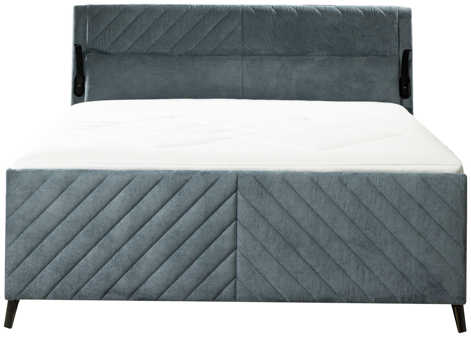 Frontale Ansicht eines modernen Boxspringbetts in Grau mit gestepptem Kopfteil und diagonalen Linien auf dem Bettgestell.