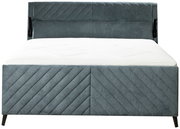 Frontale Ansicht eines modernen Boxspringbetts in Grau mit gestepptem Kopfteil und diagonalen Linien auf dem Bettgestell.