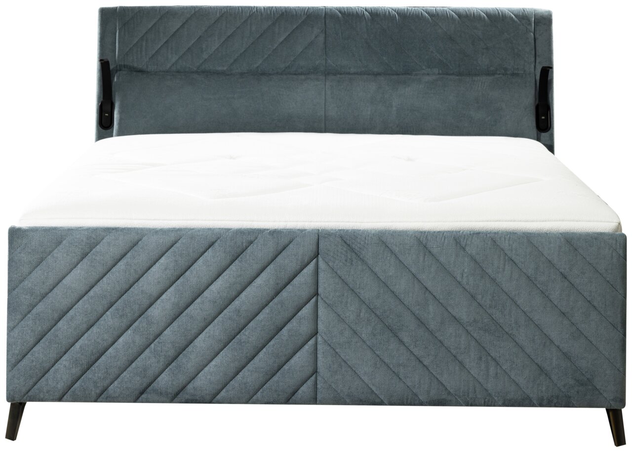 Frontale Ansicht eines modernen Boxspringbetts in Grau mit gestepptem Kopfteil und diagonalen Linien auf dem Bettgestell.