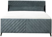 Frontale Ansicht eines modernen Boxspringbetts in Grau mit gestepptem Kopfteil und diagonalen Linien auf dem Bettgestell.