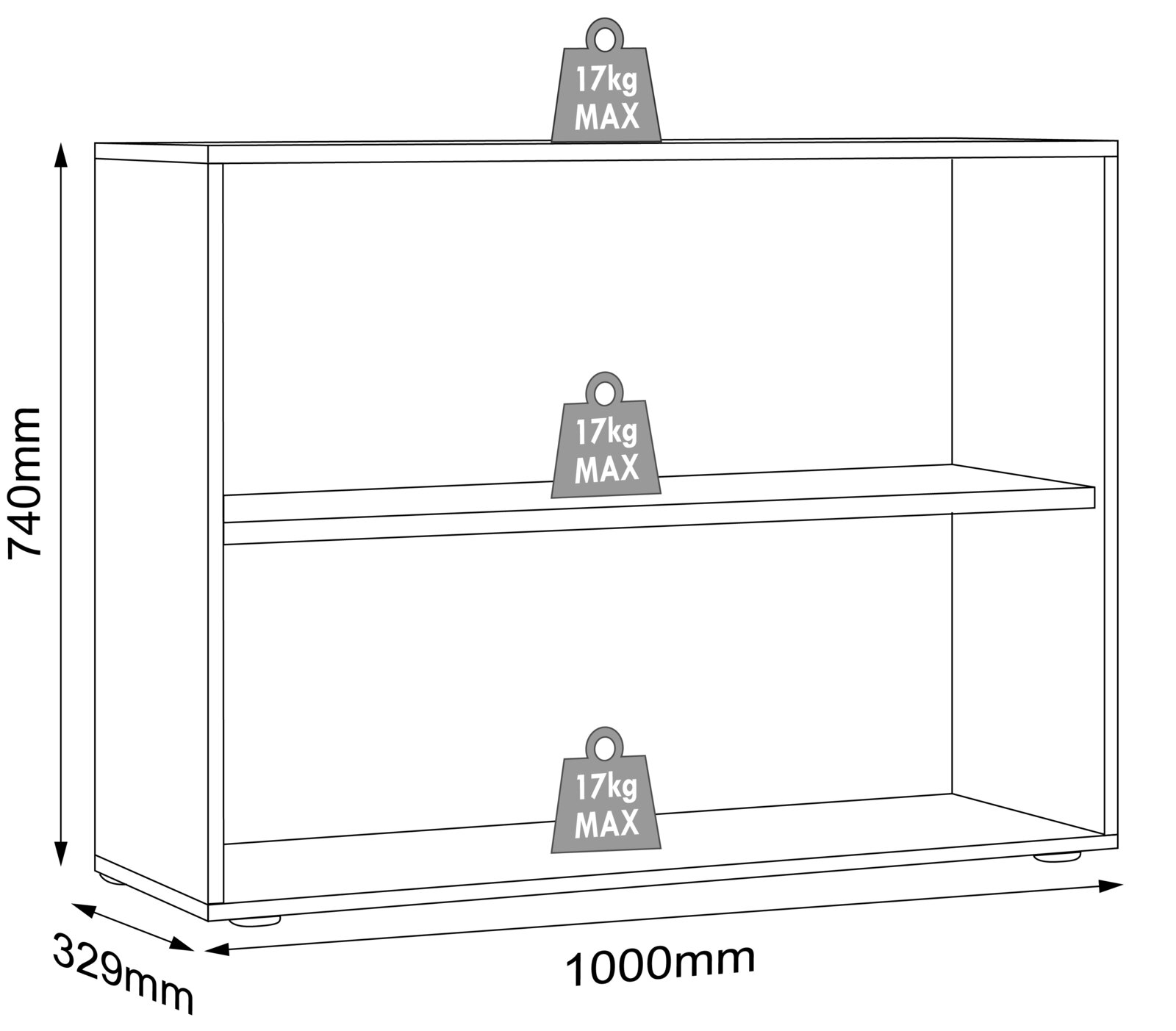 Offenes Regal mit zwei Ablageböden, Maße 1000 x 740 x 329 mm, je Boden max. 17 kg belastbar, technische Skizze in schräger Frontansicht (3/4-Perspektive)