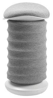 Grauer Aktiv-Sitzhocker mit wellenförmigem Stoffbezug, seitliche Perspektive