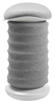 Grauer Aktiv-Sitzhocker mit wellenförmigem Stoffbezug, seitliche Perspektive