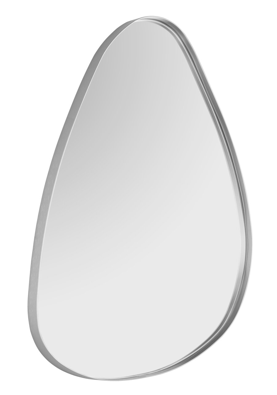 Moderner, tropfenförmiger Spiegel mit silbernem Rahmen, seitliche Perspektive