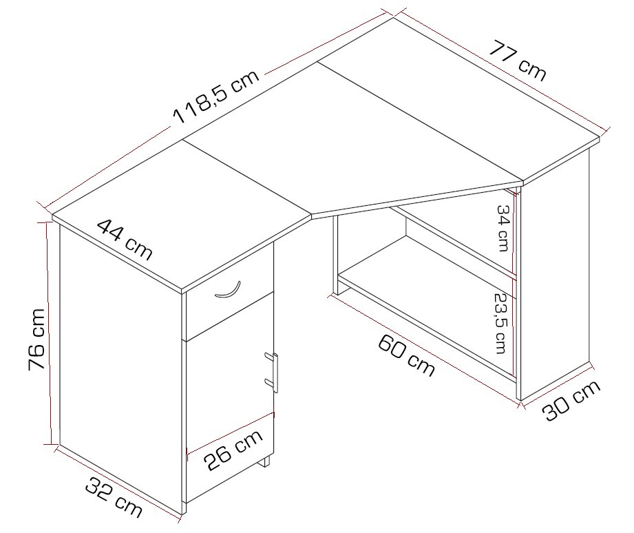 Technische Maßzeichnung eines weißen Eck-Schreibtischs mit Schrankfach und Ablage, Draufsicht in perspektivischer Darstellung mit Bemaßungen (u. a. 118,5 cm, 77 cm, Höhe 76 cm).