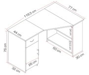 Technische Maßzeichnung eines weißen Eck-Schreibtischs mit Schrankfach und Ablage, Draufsicht in perspektivischer Darstellung mit Bemaßungen (u. a. 118,5 cm, 77 cm, Höhe 76 cm).
