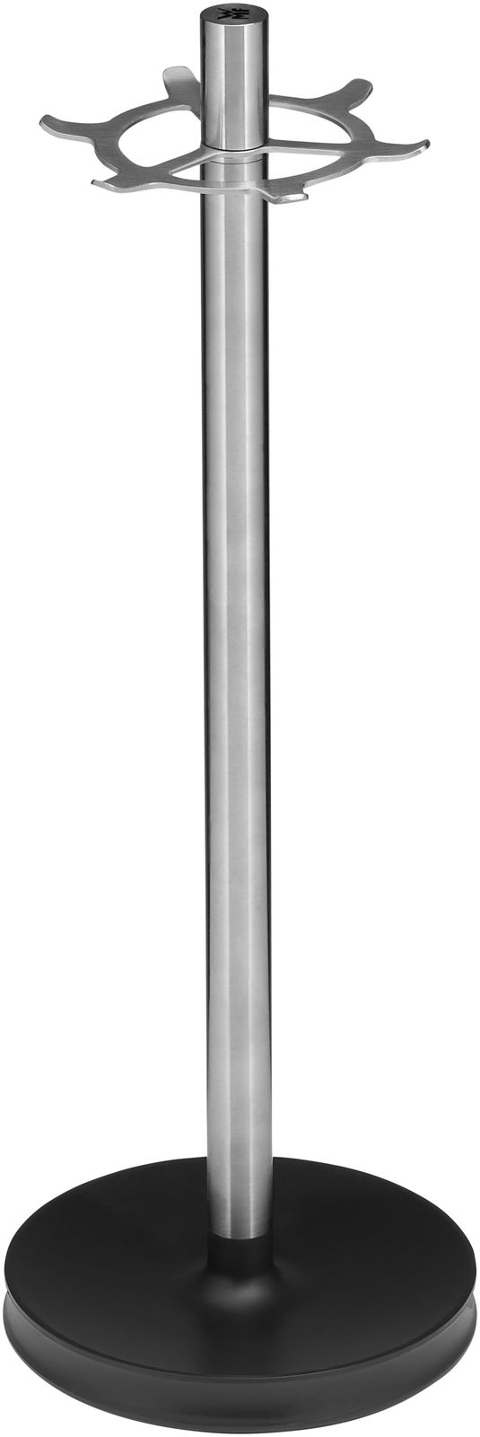 Küchenhelfer-Ständer aus Edelstahl mit schwarzem Sockel, seitliche Perspektive