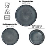 Draufsicht auf ein 18-teiliges Tafelservice in Grau, bestehend aus 6 Dinnertellern (ca. 26 cm Ø), 6 Desserttellern (ca. 21 cm Ø) und 6 Schalen (ca. 19 cm Ø).