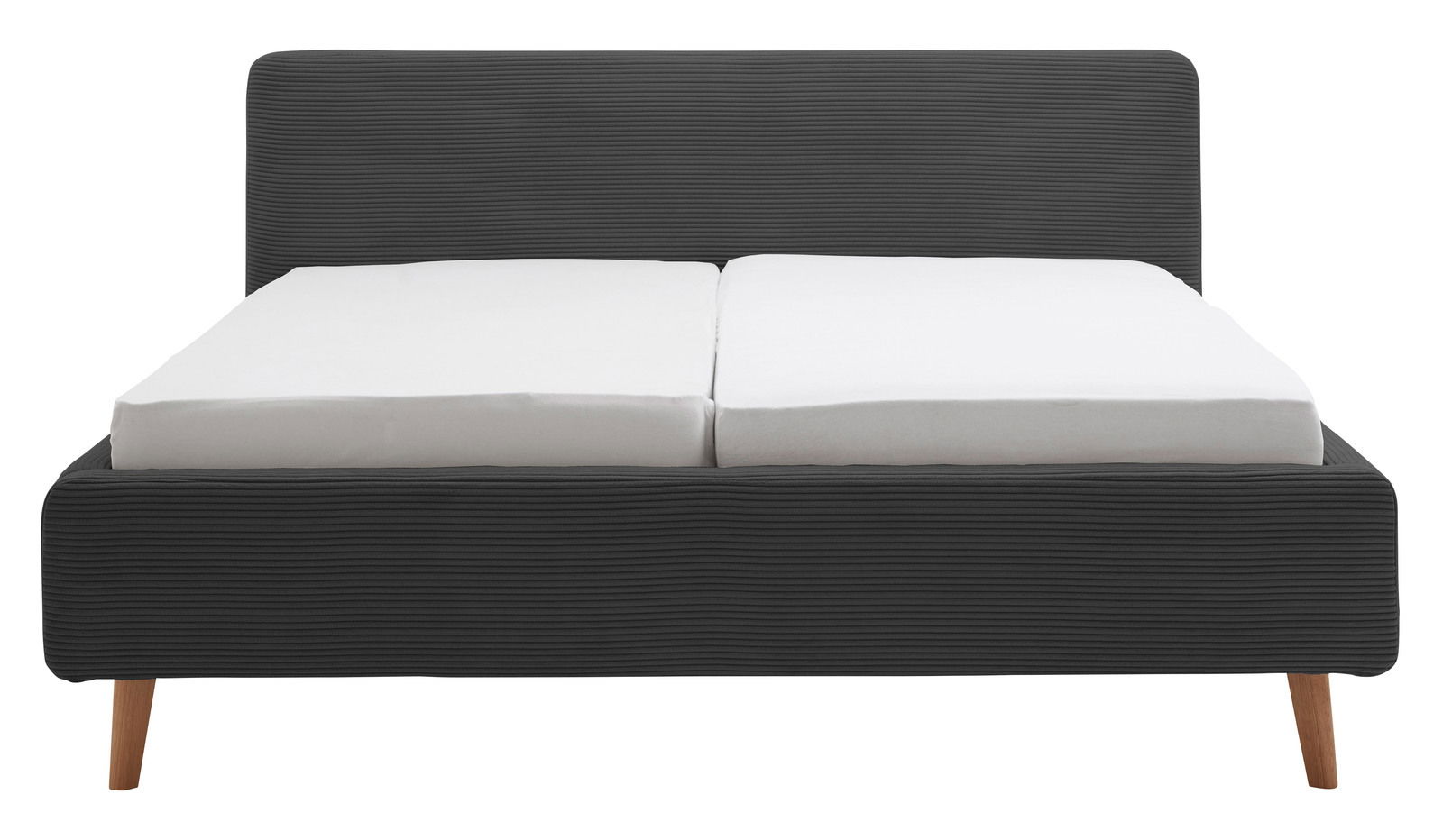 Frontale Ansicht eines modernen Polsterbetts mit dunkelgrauem Stoffbezug und Holzfüßen.