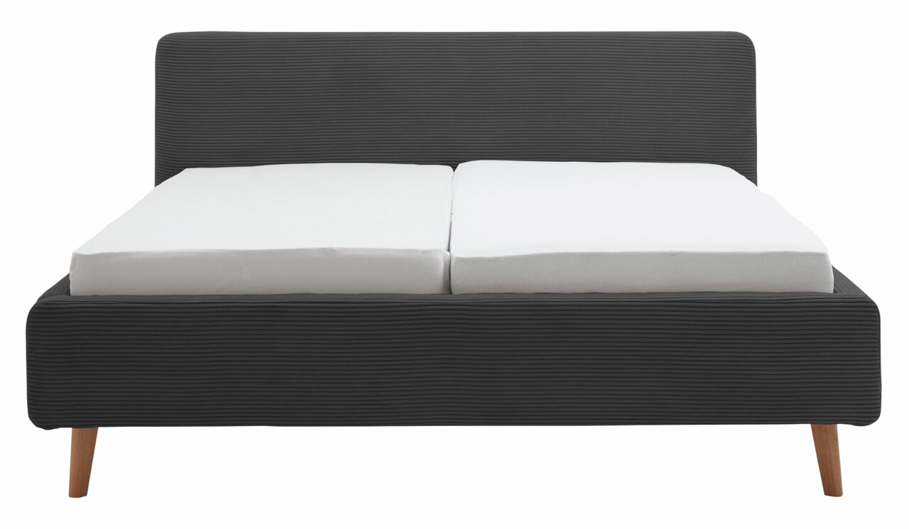 Frontale Ansicht eines modernen Polsterbetts mit dunkelgrauem Stoffbezug und Holzfüßen.