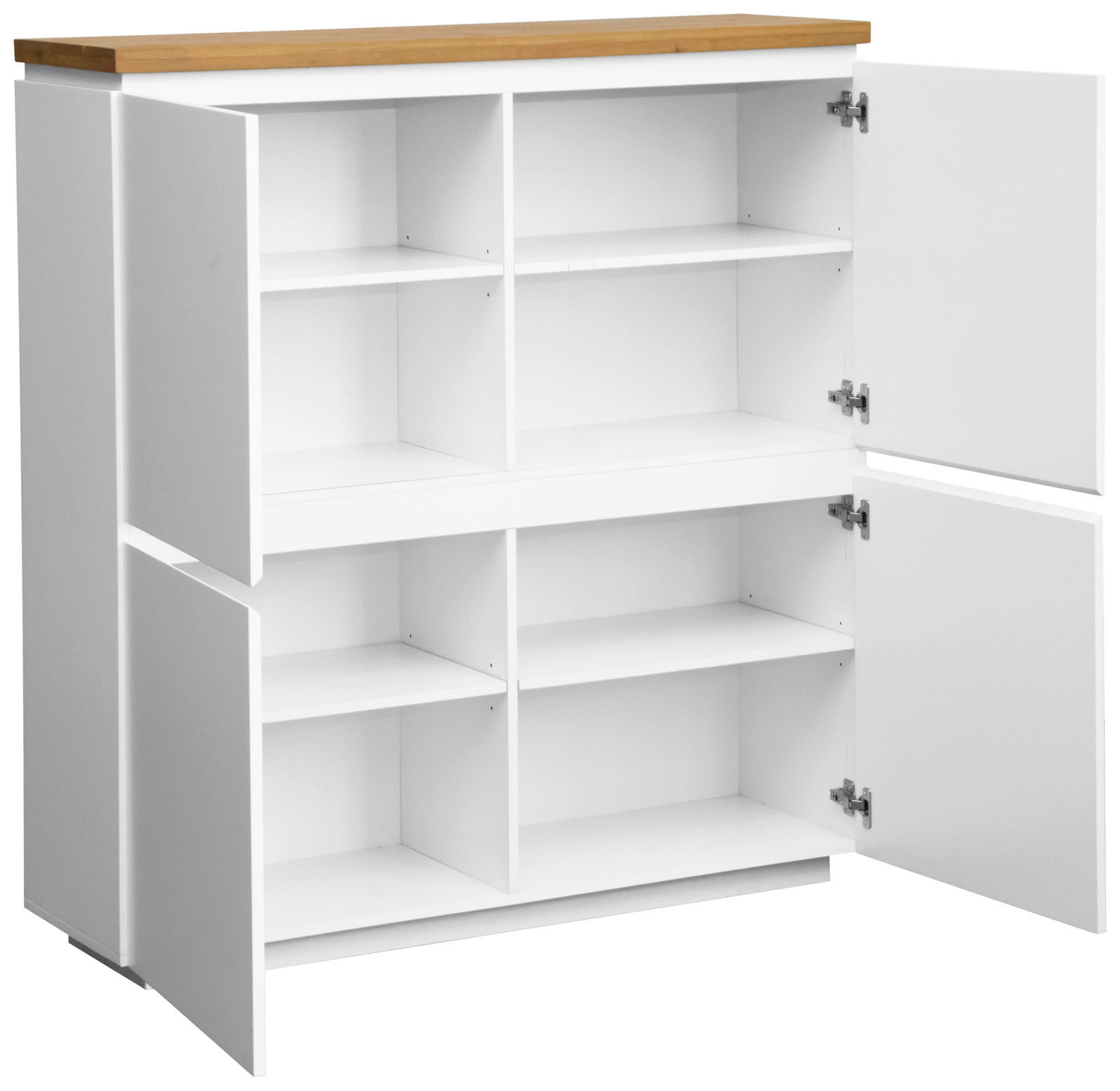Weißes Highboard mit Holztop, offene Türen, seitliche Perspektive