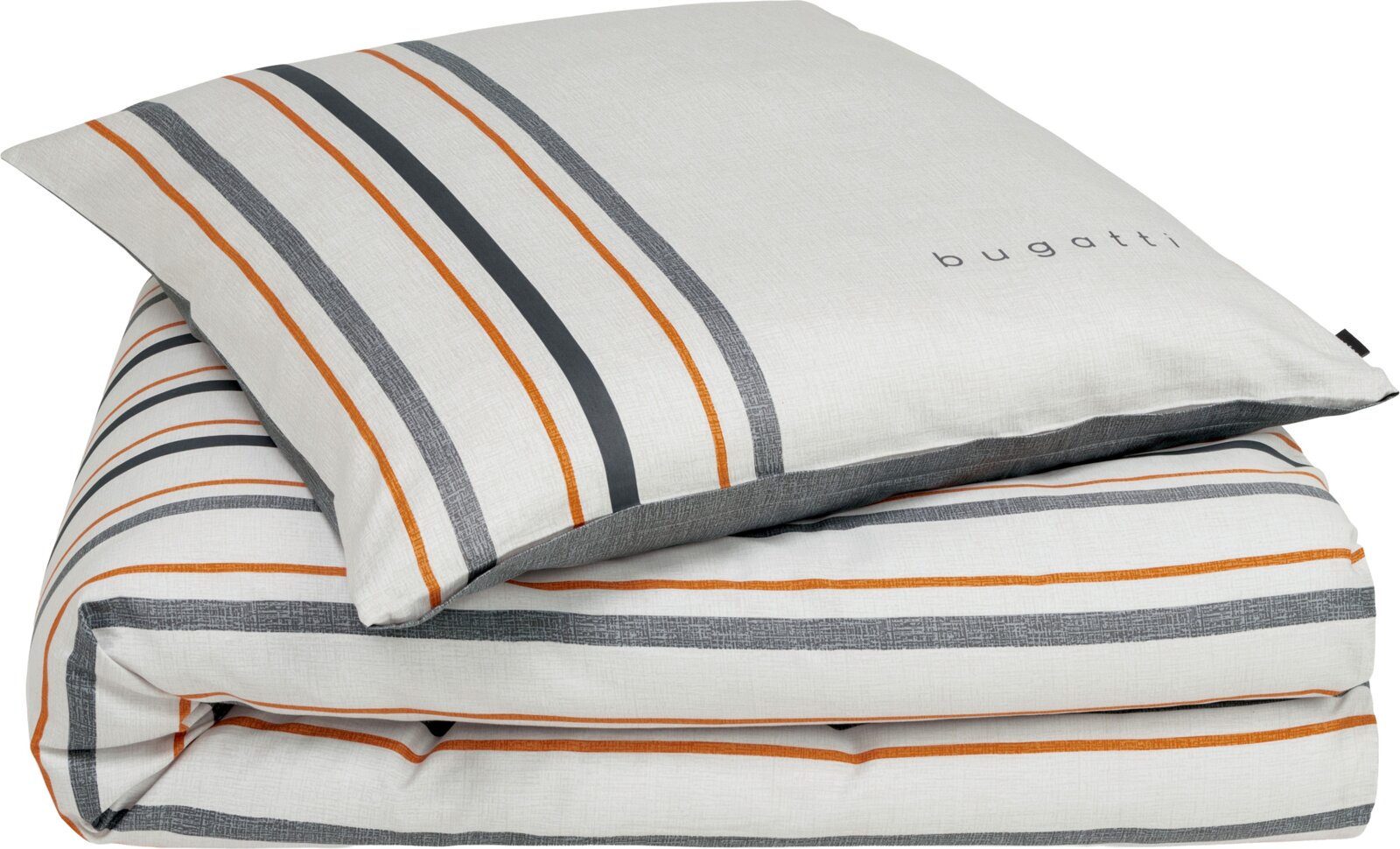 Bugatti beddengoedset met bijpassende kussensloop, wit met grijze, zwarte en oranje strepen, gefotografeerd in schuin vooraanzicht (driekwart) opgevouwen.