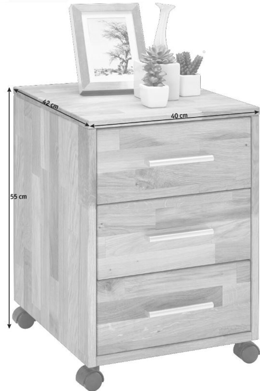 Houten rolcontainer met drie lades, op wieltjes, met versieringen aan de bovenkant, vanuit een licht zijdelings perspectief.
