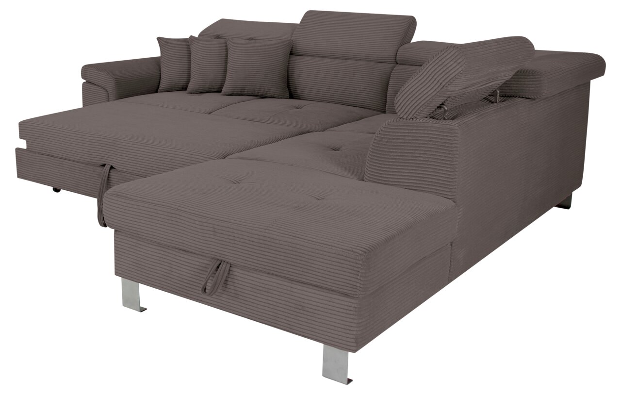 Ecksofa in Grau mit verstellbaren Kopfstützen und mehreren Kissen, Perspektive von vorne links
