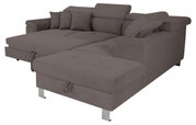 Ecksofa in Grau mit verstellbaren Kopfstützen und mehreren Kissen, Perspektive von vorne links