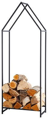 Moderner Kaminholzständer aus Metall in Hausform, gefüllt mit Holzscheiten, frontal abgebildet.