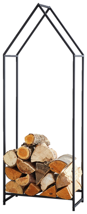 Moderner Kaminholzständer aus Metall in Hausform, gefüllt mit Holzscheiten, frontal abgebildet.