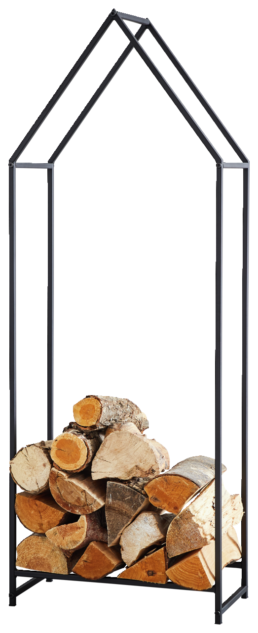Moderner Kaminholzständer aus Metall in Hausform, gefüllt mit Holzscheiten, frontal abgebildet.