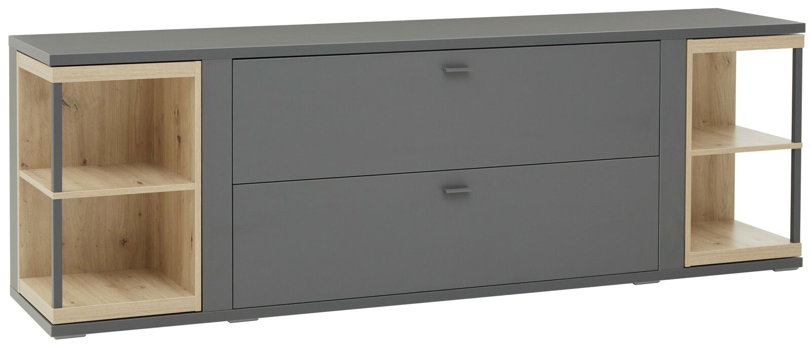 Hom´in Tv-Lowboard MAGOLO TV-Lowboard in grauer Farbe mit Holzregalen, frontal fotografiert