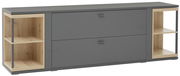 TV-Lowboard in grauer Farbe mit Holzregalen, frontal fotografiert