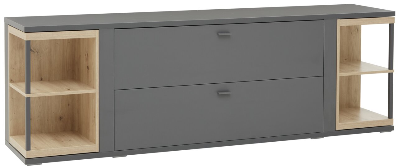 TV-Lowboard in grauer Farbe mit Holzregalen, frontal fotografiert