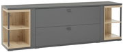 TV-Lowboard in grauer Farbe mit Holzregalen, frontal fotografiert