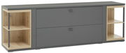 TV-Lowboard in grauer Farbe mit Holzregalen, frontal fotografiert