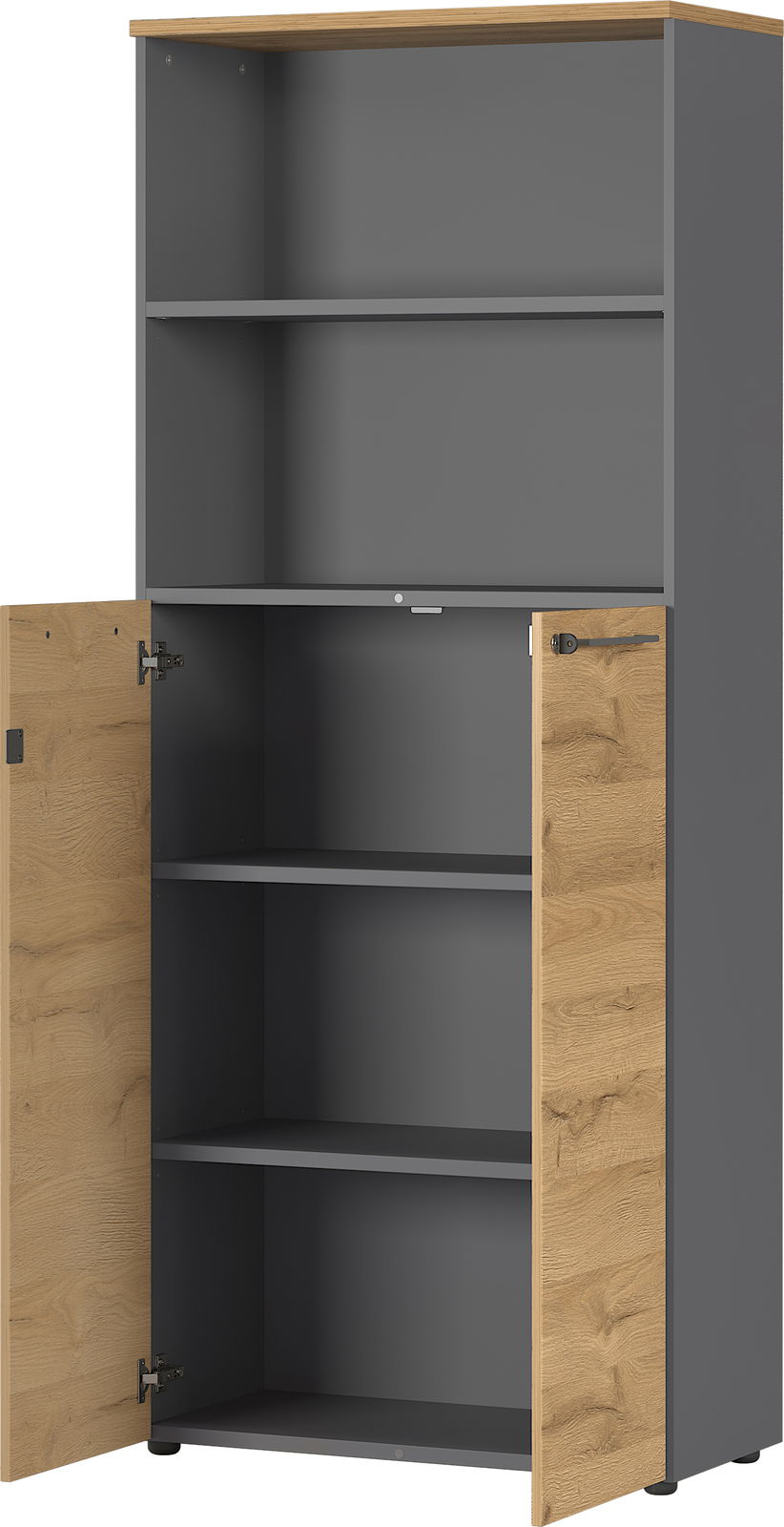 Aktenschrank mit grauem Korpus und Holztüren, frontal geöffnet