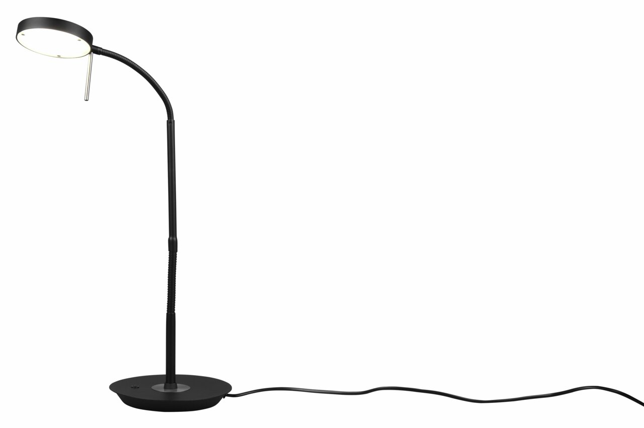 Schwarze LED-Tischleuchte MONZA mit flexiblem Hals und rundem Lampenkopf, seitliche Perspektive