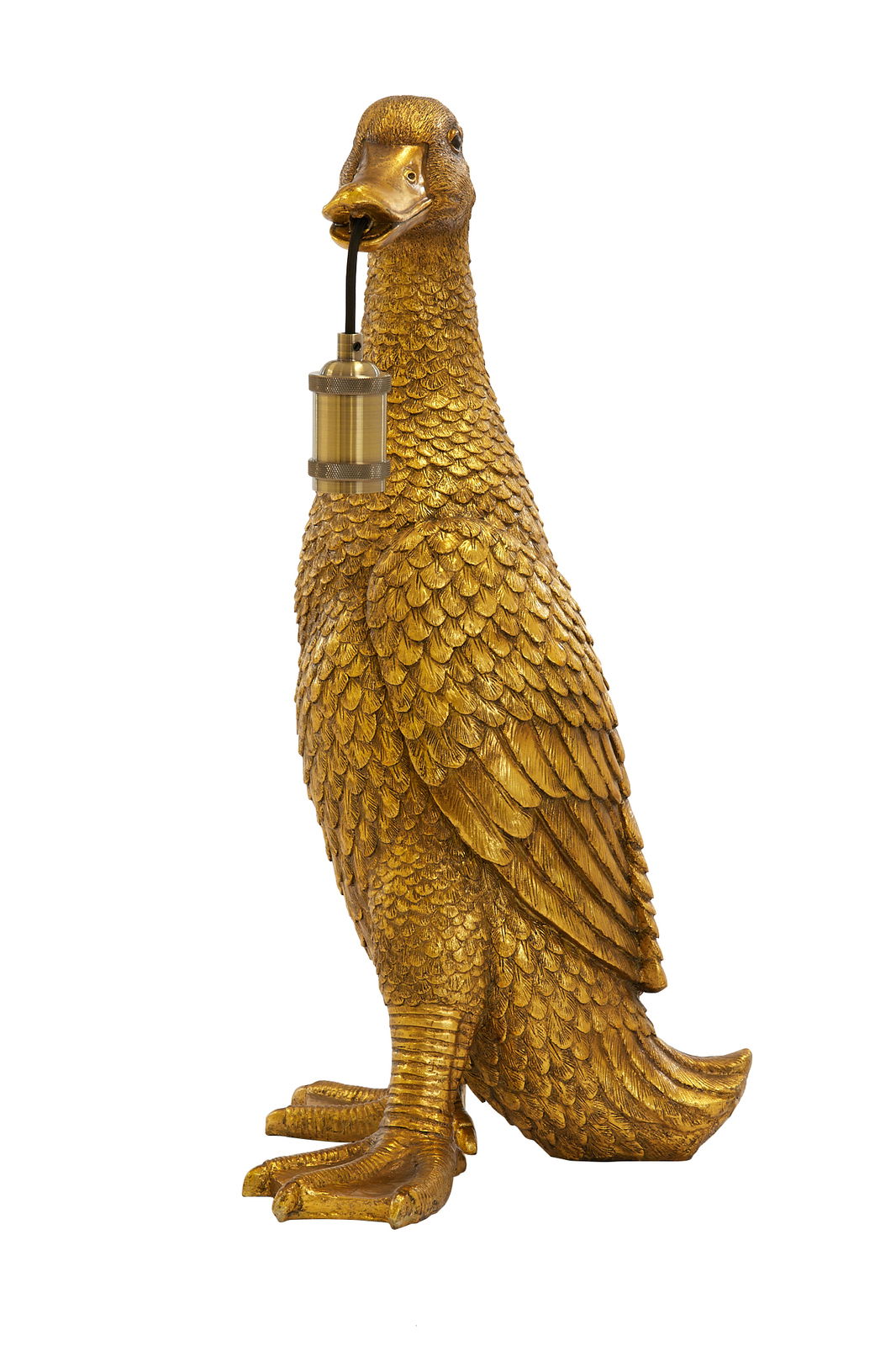 Goldene Tischleuchte in Form einer Ente, seitliche Perspektive