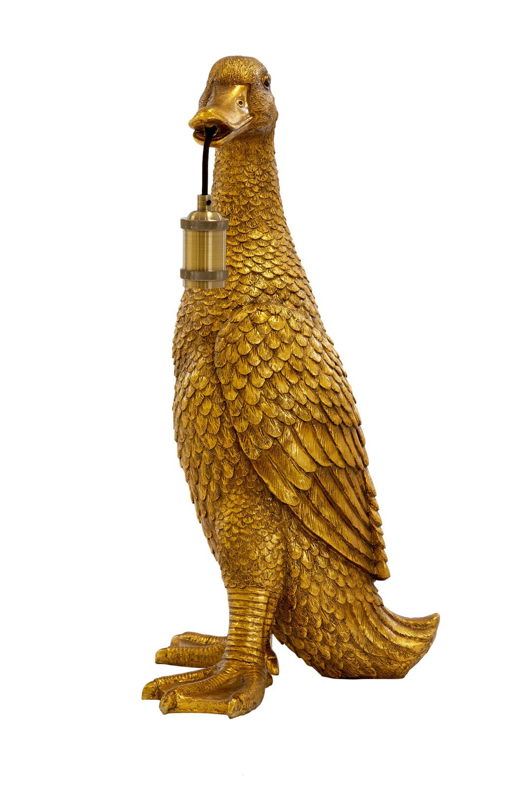 Goldene Tischleuchte in Form einer Ente, seitliche Perspektive
