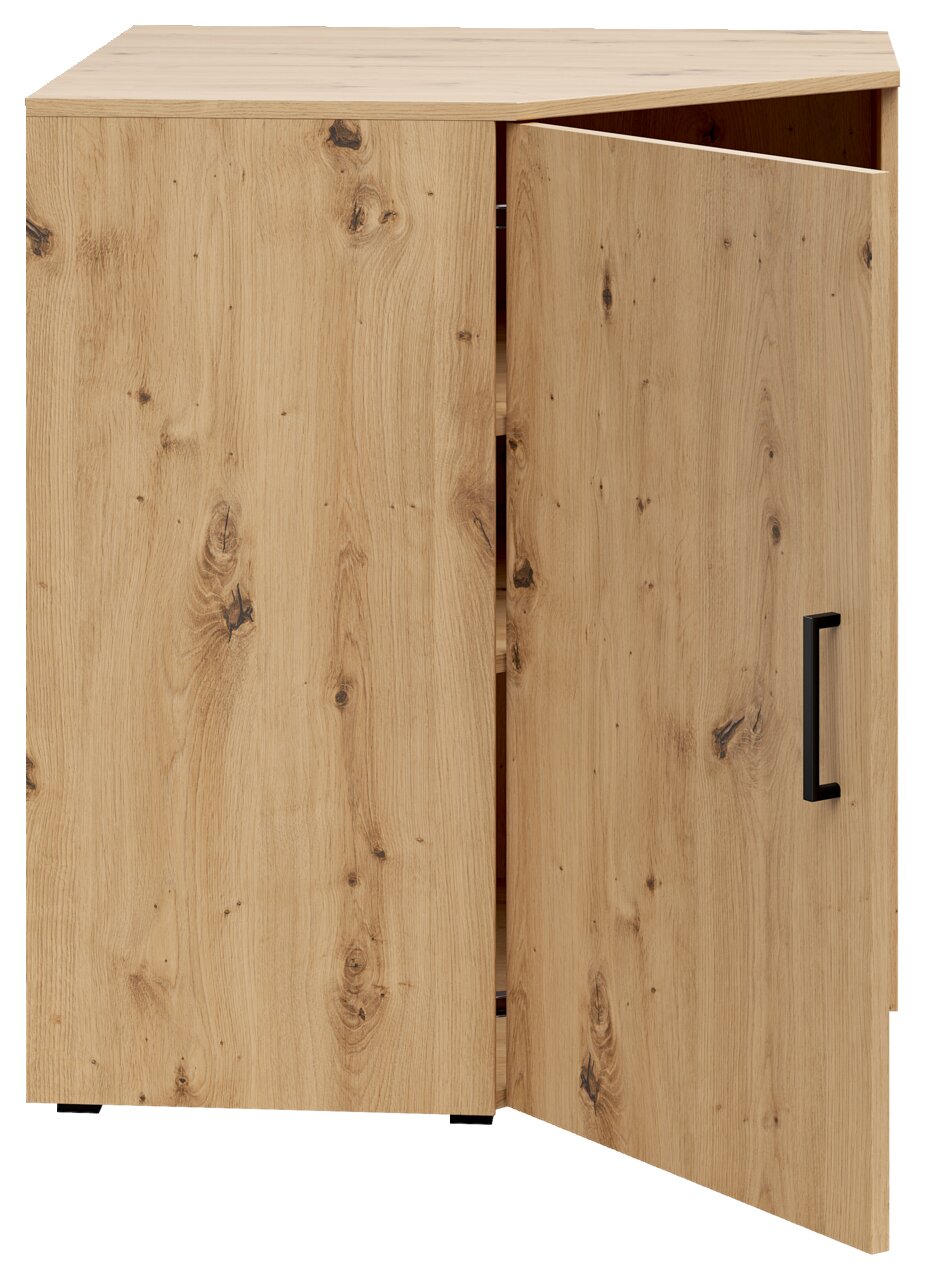 Eckkommode aus Holz mit geöffneter Tür, Frontansicht