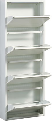 Weißer, schmaler Schuhkipper/Schuhschrank mit vier nach vorne aufgeklappten Klappfächern, Frontansicht leicht seitlich von rechts