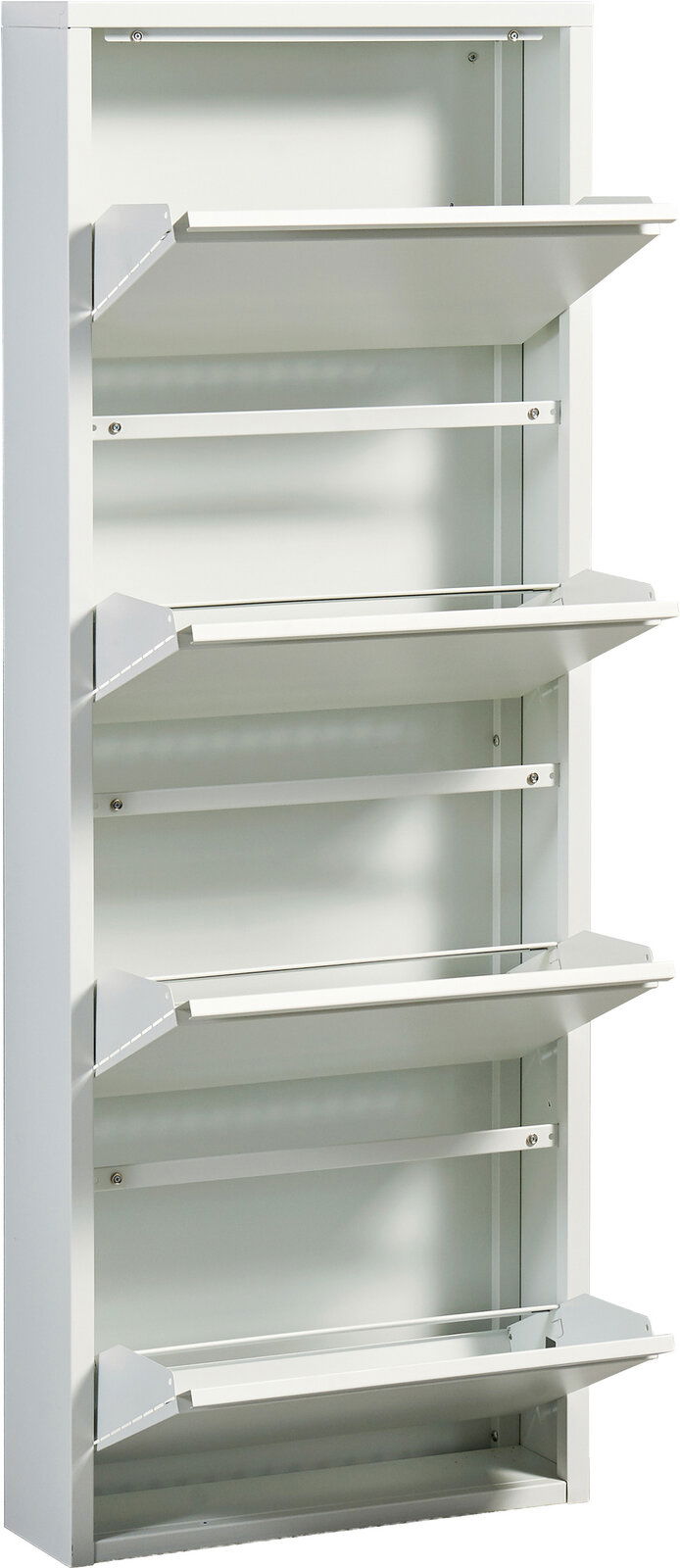 Weißer, schmaler Schuhkipper/Schuhschrank mit vier nach vorne aufgeklappten Klappfächern, Frontansicht leicht seitlich von rechts