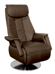 Brauner TV-Sessel aus Leder mit verstellbarer Rückenlehne und drehbarem Metallfuß, seitliche Perspektive