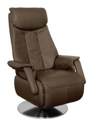 Brauner TV-Sessel aus Leder mit verstellbarer Rückenlehne und drehbarem Metallfuß, seitliche Perspektive