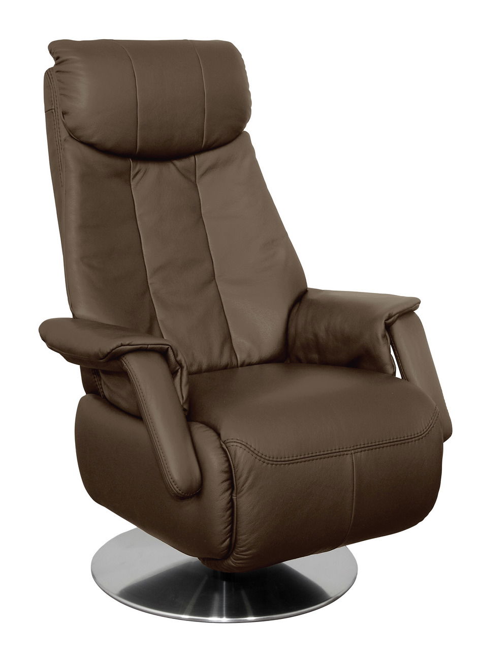 Brauner TV-Sessel aus Leder mit verstellbarer Rückenlehne und drehbarem Metallfuß, seitliche Perspektive