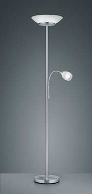 Stehleuchte GERRY mit zwei Lichtquellen, einer großen Schale oben und einem flexiblen Leselicht, seitliche Perspektive.