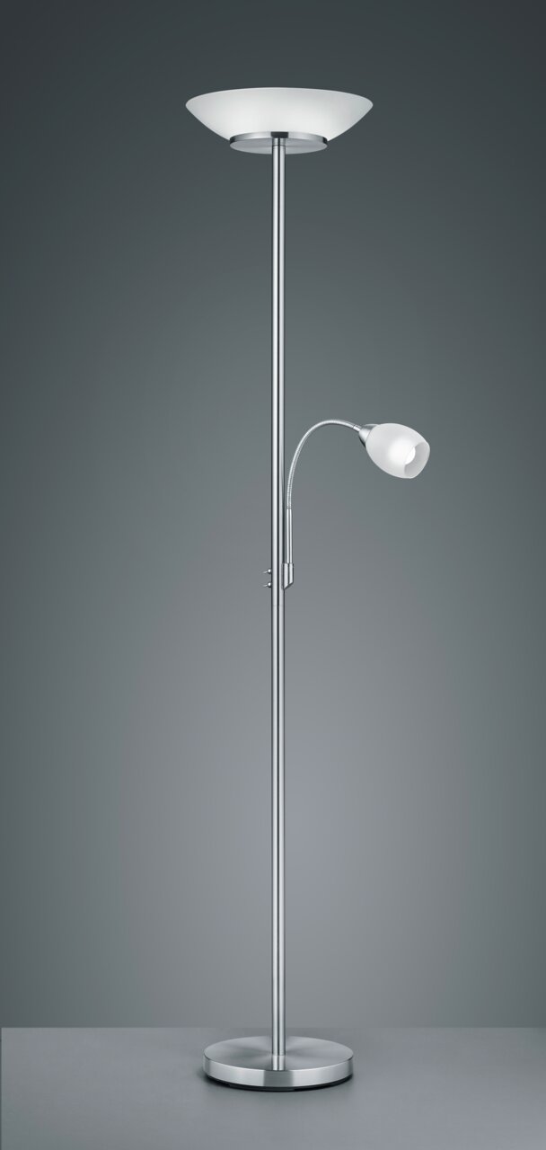Stehleuchte GERRY mit zwei Lichtquellen, einer großen Schale oben und einem flexiblen Leselicht, seitliche Perspektive.