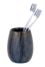Keramik Zahnputzbecher Ronta in blauer und brauner Textur mit zwei Zahnbürsten, seitliche Perspektive