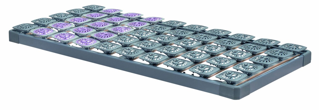 Systemrahmen 100x200 mit grauen und lila Federungselementen, seitliche Perspektive